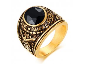 Pečatný prsteň z ocele s čiernym kamienkom, zlatá farba, gravírovanie (1)