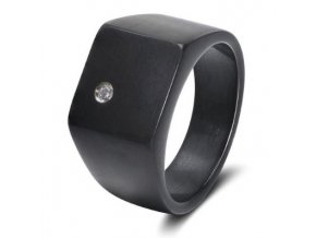 Pečatný prsteň z ocele, čierna matná farba, číry zirkón (1)