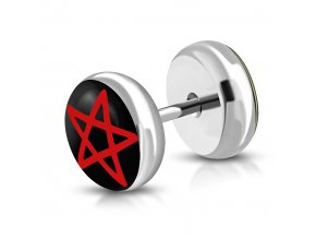 Falošný piercing z ocele, červený pentagram a číra glazúra, fake plug (1)