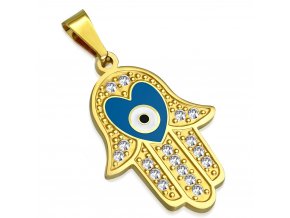 Prívesok z ocele, ruka Fatimy zlatej farby, modré diabolské oko a číre zirkóny (1)