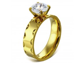 Zásnubný prsteň so zirkónom, oceľ, zlatá farba a gravírovanie - Solitér