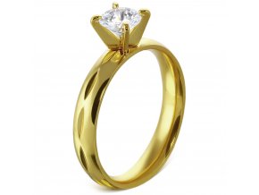 Zásnubný prsteň so zirkónom, chirurgická oceľ, zlatá farba a gravírovanie Solitér