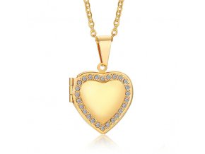 Malý medailón 3D srdce na fotky z ocele, zlatá farba, zirkóny (1)
