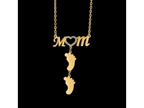 Dámsky oceľový náhrdelník, nápis MOM a detské nôžky, číre zirkóny