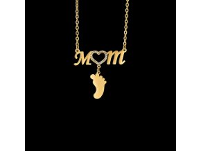 Dámsky oceľový náhrdelník, nápis MOM a detská nôžka, číre zirkóny