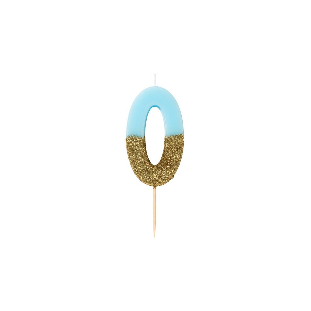 Svíčka číslice 0 glitrová modro-zlatá 8 cm