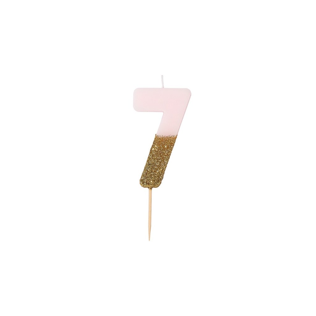 Svíčka číslice 7 glitrová růžovo-zlatá 8 cm