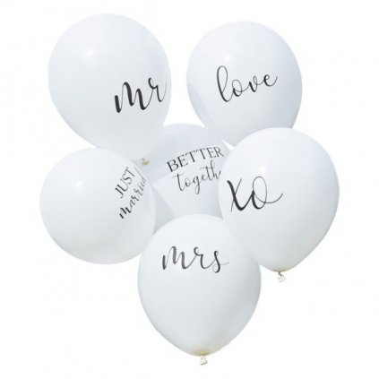 Balonky latexové bílé mix s nápisy svatební 30 cm 6 ks