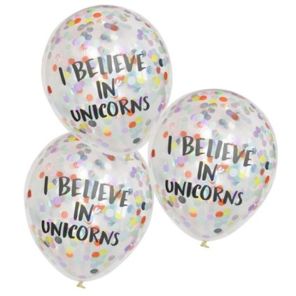 Balónky latexové transparentní s konfetami I believe in unicorns 30 cm 5 ks