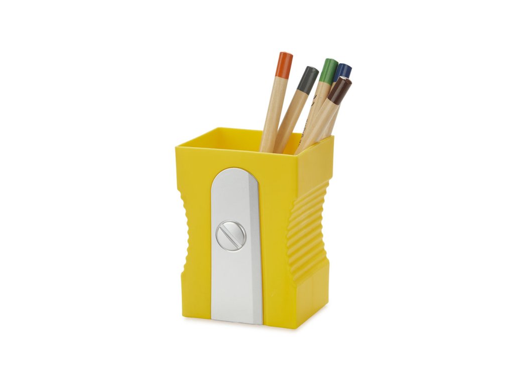 1553 - Držák na tužky, ořezávátko, žlutý, plastový, 11,5x8,5x7,4