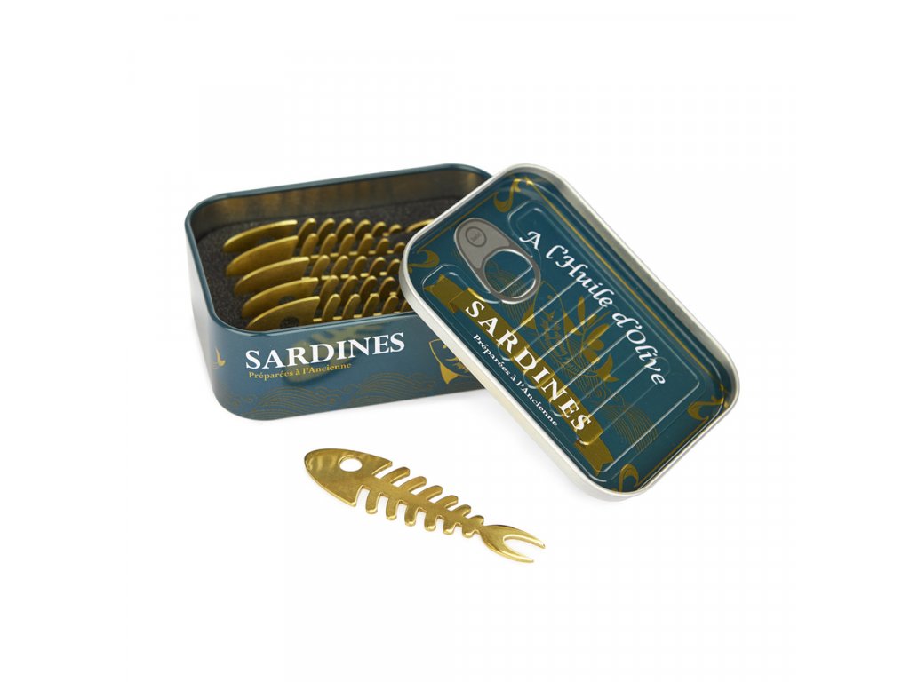 1268 - Vidličky na svačinu, Sardinky zlatá edice, x6, ocelové, 3,3x10,5x7,8