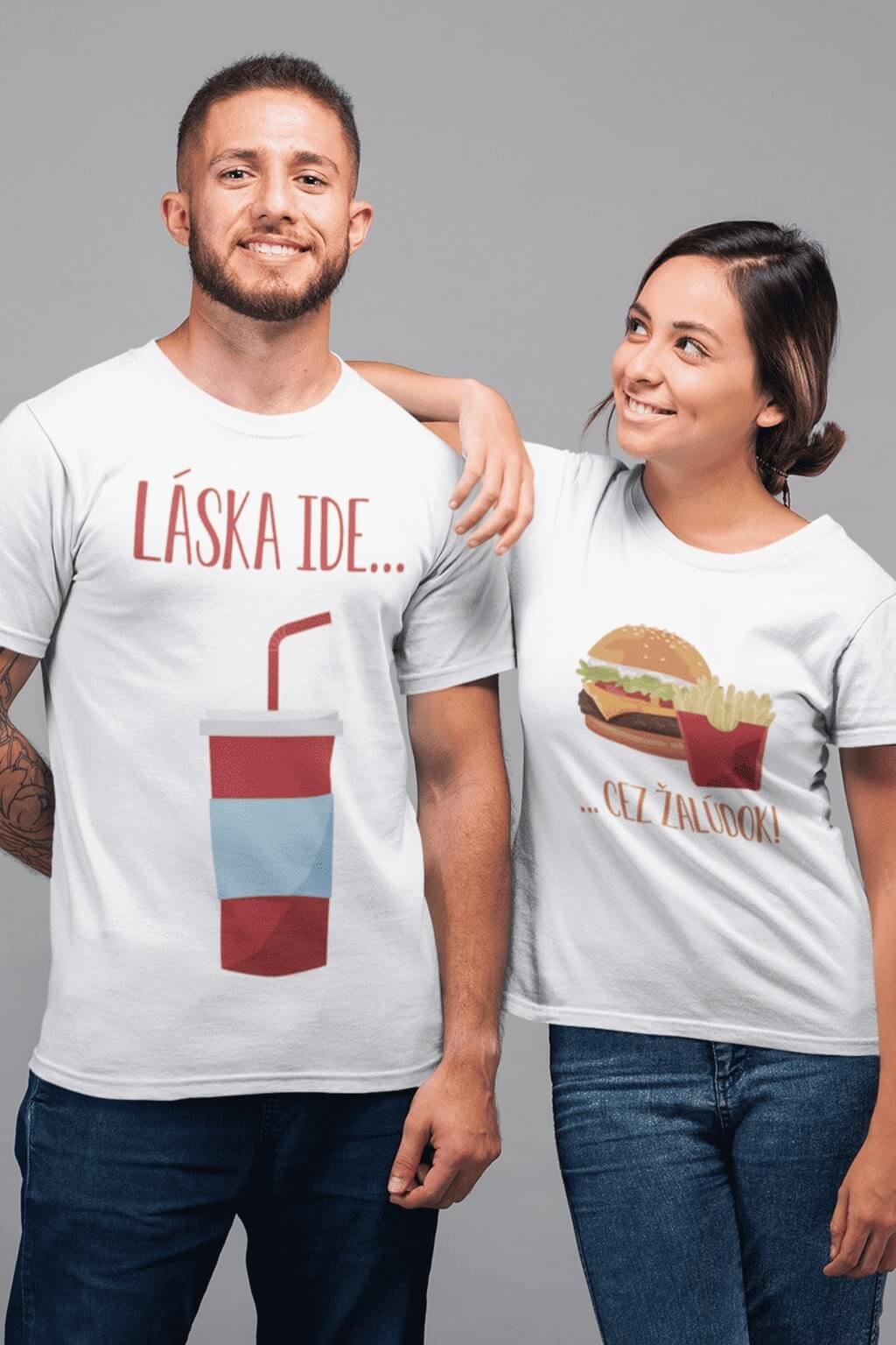 Tričká pre páry Láska ide cez žalúdok hamburger