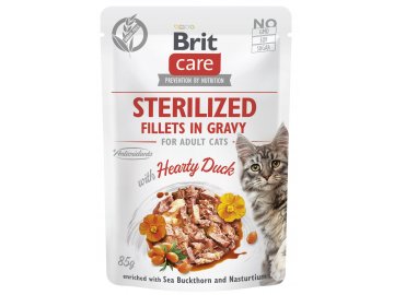 Brit Care STERILISED kuřecí filetky s KACHNOU v omáčce - kapsička pro kočky 85 g