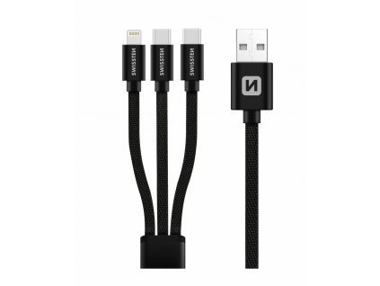 SWISSTEN datový kabel textilní 3v1, délka 1,2 m (Lightning, 2x USB-C), černý