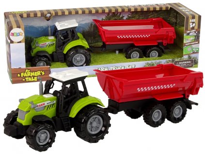 Zelený traktor s červeným přívěsem a zvukem