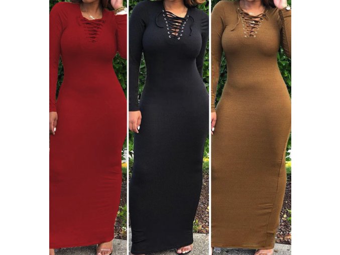 Dámske teplé dlhé šaty s šnúrkami viac farieb až 2XL (Farba Červená, Velikost S)