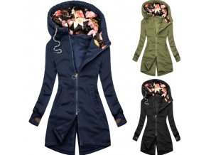 Oblečenie - bunda - dámska jesenná dlhšia bunda s kvetinovou kapucňou - dámska bunda - darček pre ženu