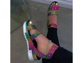 Topánky - dámske topánky - šľapky - dámske letné páskové šľapky na platforme zdobené kamienkami v dvoch farbách - dámske šľapky
