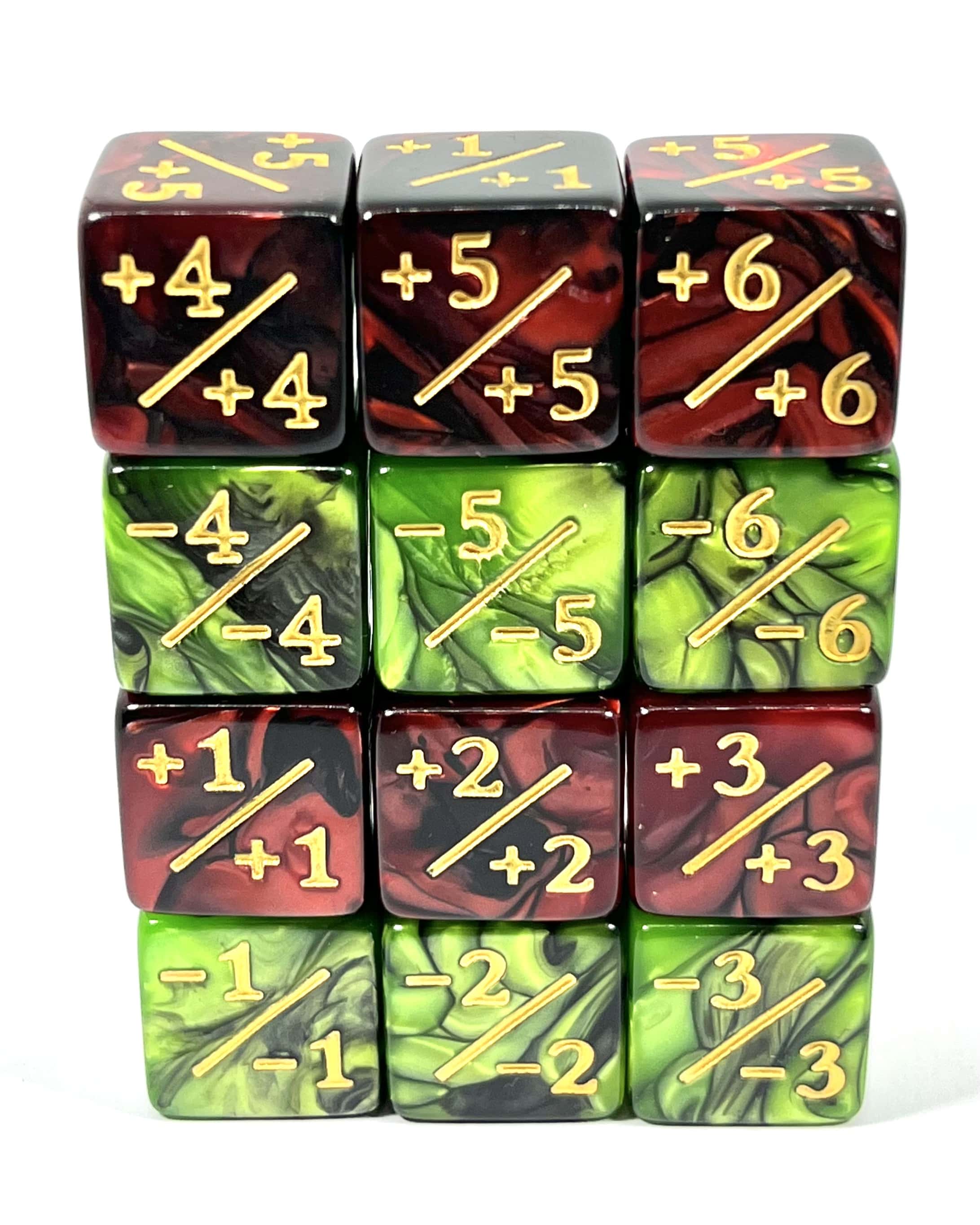 Dice4friends Sada kostek/counterů Red/Green žíhané D6 +/- Obrázek