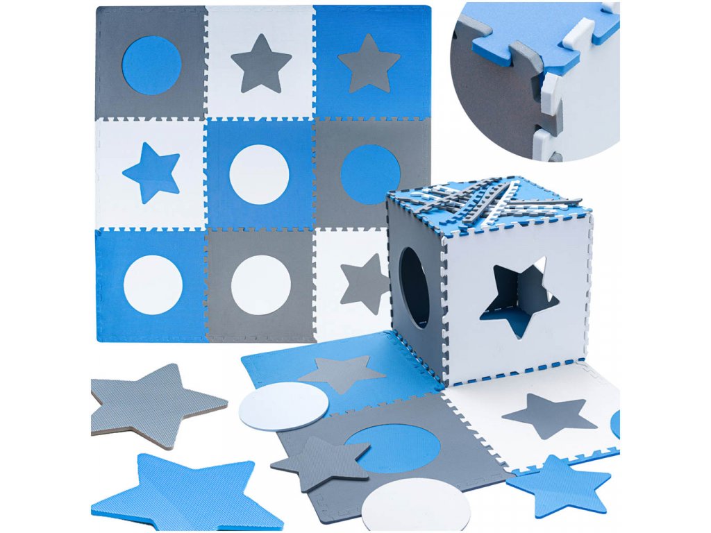Penová podložka puzzle pre deti 180x180cm, 9 dielikov, šedá a modrá (1)