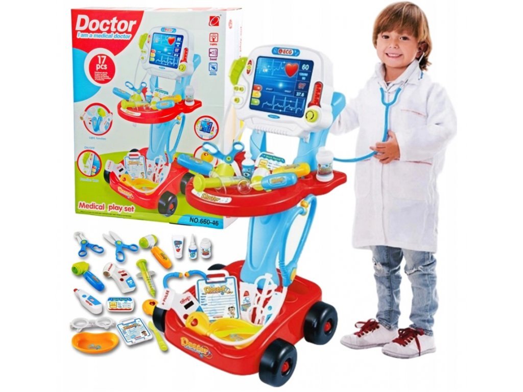 Detský lekársky vozík 3v1 s monitorom a príslušenstvom modrý