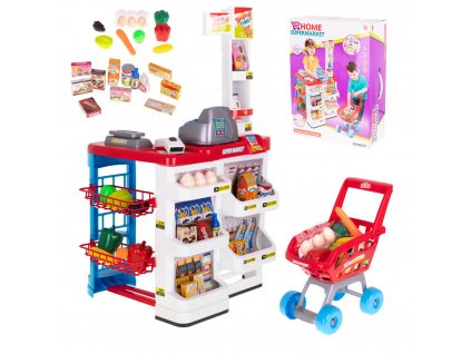 Detský predajný stánok s nákupným vozíkom a príslušenstvom červený (2)