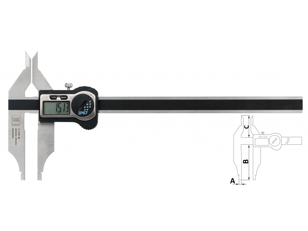 Posuvné měřidlo s horními čelistmi pro vnitřní měření digitální 0 až 250 mm IP67 / posuvové kolečko ne