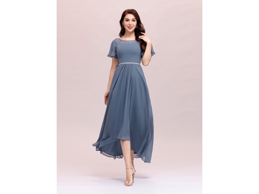 šedomodré šaty s asymetrickou sukní