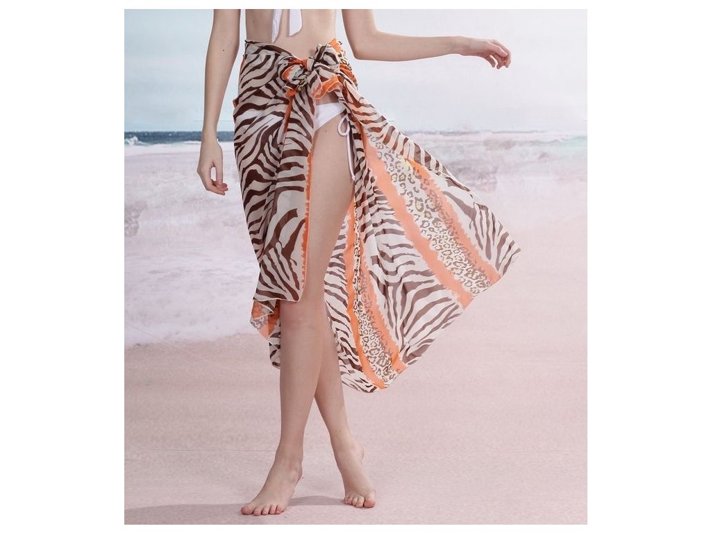 A Sarong šátek na pláž 115 krémový oranžový zebra
