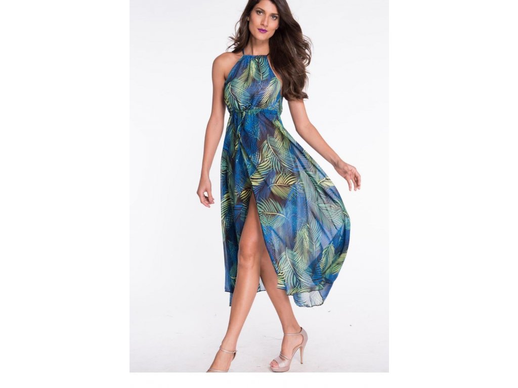 Hot Selling Woman Fashion Palm Desert Navy blue Multi color Slit Maxi Dress LC60631 US 12