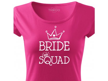 Dámské tričko na rozlučku se svobodou pro tým nevěsty BRIDE SQUAD HAND růžové bílý potisk detail