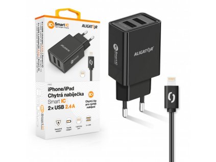 ALIGATOR Chytrá síťová nabíječka 2,4A, 2xUSB, smart IC, černá, USB kabel pro iPhone/iPad