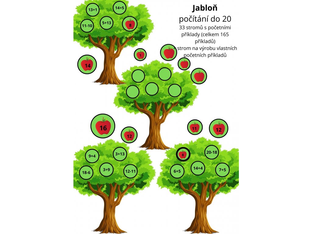 Jabloň počítání do 20 33 stromů s početními příklady (celkem 165 příkladů) + strom na výrobu vlastních početních příkladů