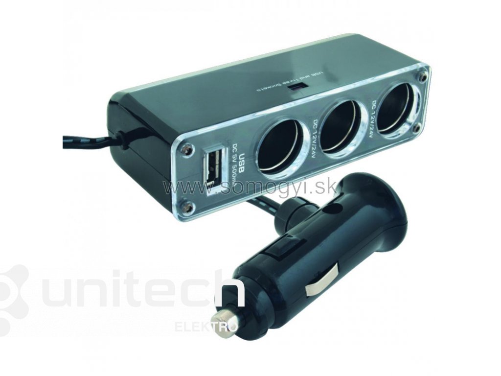 Rozdeľovacia zásuvka autozapaľovača SA023, trojitá + USB zásuvka
