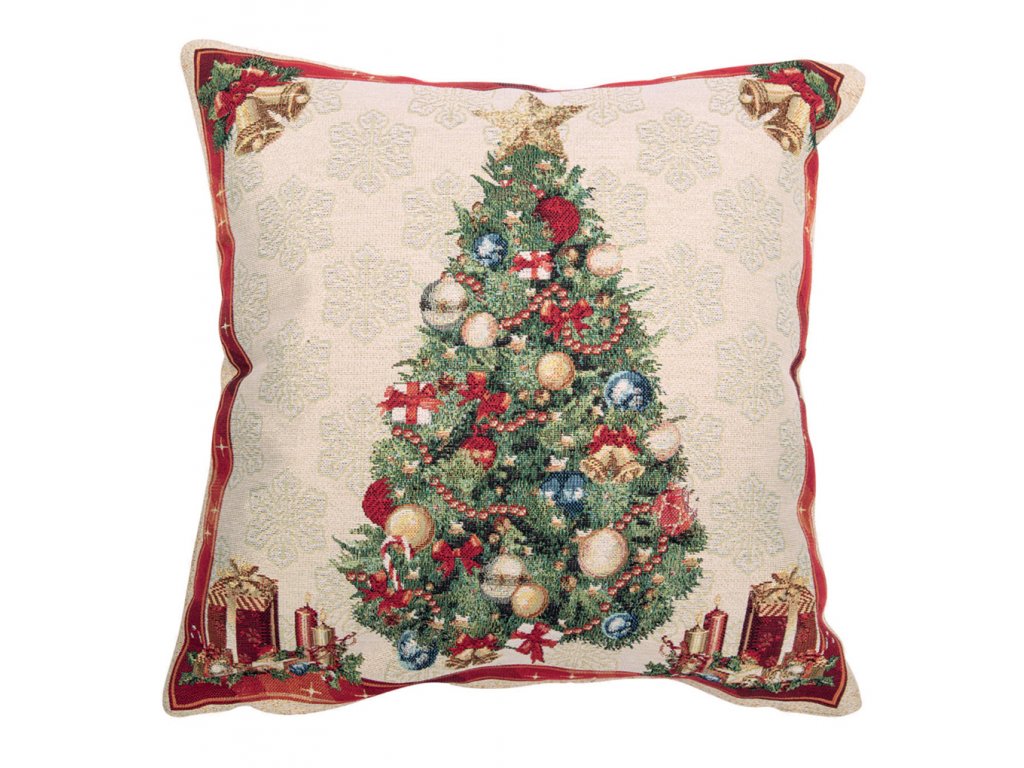 Gobelínový vánoční povlak na polštář s motivem Stromečky a dárky 45x45 cm