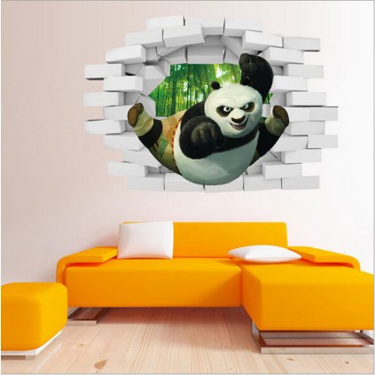 Detská samolepka na stenu – 3D Kung-Fu Panda prerážajúca stenu | Veselá Stena