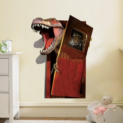Detská samolepka na stenu – Tyranosaurus Rex útočí a rozbíja dvere | Veselá Stena