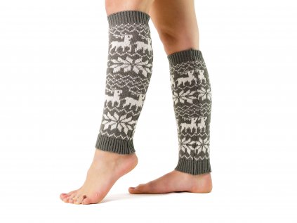 Vianočné pletené návleky na nohy soby VFstyle 40 cm svetlo sivé