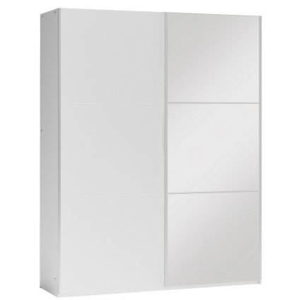 Šatní skříň 151 cm s posuvnými dveřmi v bílé barvě se zrcadlem a bílým korpusem KN1106