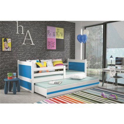 Dětská postel s přistýlkou v kombinaci bílé a modré barvy 90x200 cm F1133