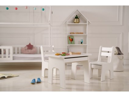 Dětský stolek a dvě židličky s šuplíčky v bílém odstínu