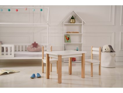 Dětský stolek a dvě židličky s přihrádkami v bílo-přírodní odstínu