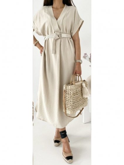 Šaty letní lněné s páskem krátký rukáv dámské (S/M ONE SIZE) ITALSKÁ MÓDA IMWAD232500/DUR
