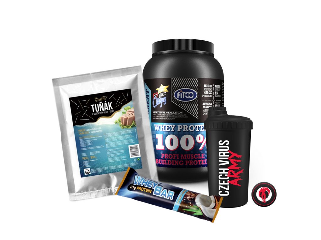 Fitness box (balíček) - Protein, 5x tyčinky, tuňák, šejkr