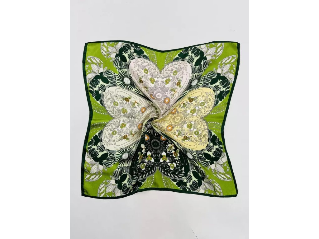 Hedvábný šátek zelený se srdíčky 53x53 cm, WHITE ORCHID