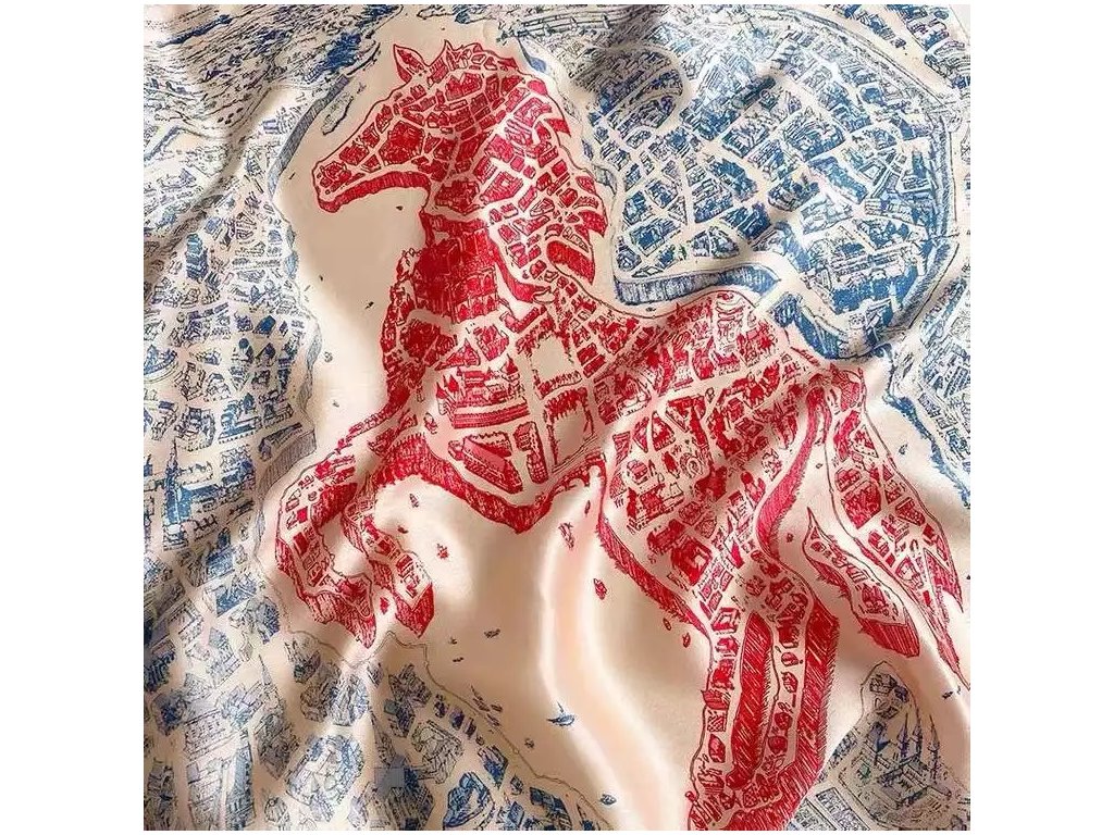 Hedvábný šátek modro-červený s koněm 90x90 cm, WHITE ORCHID (3)