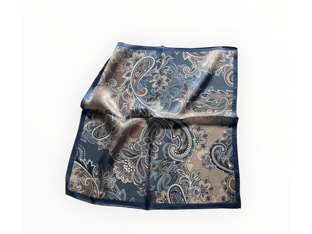 Hedvábný šátek béžovo-modrý s ornamenty 53x53 cm v dárkovém balení, WHITE ORCHID (2)