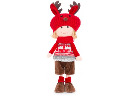 Dekorácia MagicHome Vianoce, Chlapec s červeno-sivou čiapkou, 42 cm