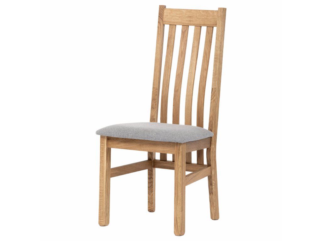 Dřevěná jídelní židle, potah stříbrná látka, masiv dub, přírodní odstín