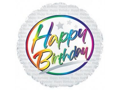 45 cm fóliový balónek kulatý - Happy Birthday s duhovým nápisem